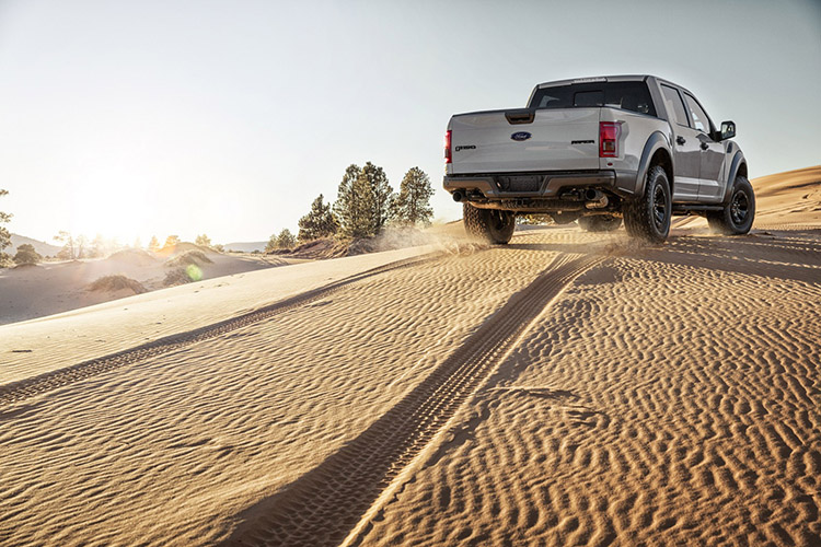 The all-new Ford F-150 Raptor (SuperCrew model pictured) boasts its first-ever true dual exhaust and new 17-inch wheels with next-generation BFGoodrich All-Terrain KO2 tires designed for off-road performance.
