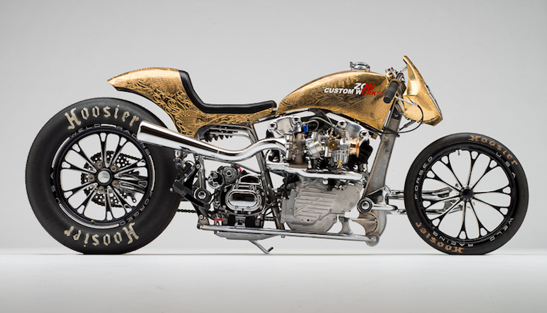 "Zonnegodin", a custom S&S knuckle drag bike built by Yuchi Yoshikawa and Yoshikazu Ueda of Custom Works Zon in Shiga Prefecture, Japan. Photographed by Michael Lichter in Sturgis, SD on August 3, 2016. ©2016 Michael Lichter.